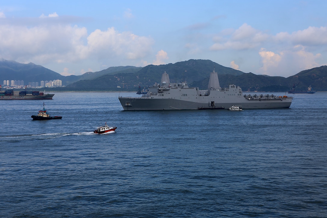 The USS San Diego, embarked with Marines and sailors from the11th Marine Expeditionary Unit, remains anchored off the coast of Hong Kong, Aug. 23. The 11th MEU and Makin Island Amphibious Ready Group are deployed to the U.S. 7th Fleet area of operations as a sea-based, expeditionary crisis response force capable of conducting amphibious missions across the full range of military operations. (U.S. Marine Corps photo by Sgt. Melissa Wenger/Released)