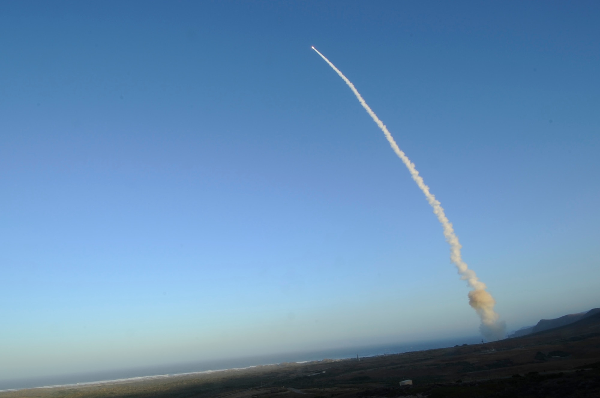 An unarmed LGM-30G Minuteman III intercontinental ballistic missile launches during an operational test at Launch Facility-4 on Vandenberg Air Force Base Calif. The Minuteman III ICBM is an element of the nation's strategic deterrent forces under the control of the Air Force Global Strike Command. (U.S. Air Force photo/Senior Airman Lael Huss)