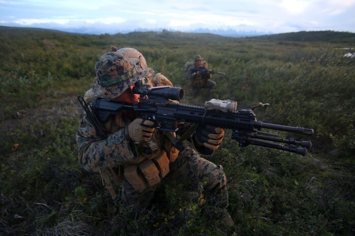 Marines with 1st Platoon, Company B, 1st Reconnaissance Battalion, use team combat tactics to maneuver to their extraction point after taking notional enemy contact during a Reconnaissance and Surveillance patrol at Fort Greely, Alaska, August 12, 2014. Bravo-1 used the unique terrain and vegetation in Alaska to conduct training R and S training in an environment completely different from what they’re accustomed to.