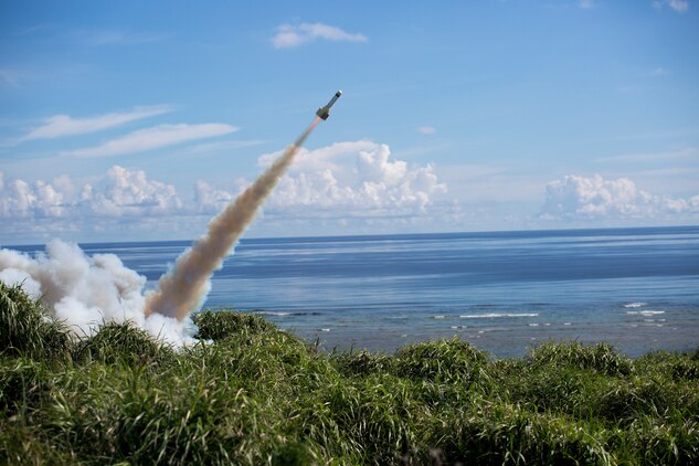 A GTR-18 missile, better known as a "Smokey SAM," launches during a threat reaction evolution on an island outside of Okinawa, Japan, Aug. 26, 2014. The threat reaction evolution is a chance for pilots to stay up to date on their qualifications while keeping an alert and aware mindset for any arising combat scenario.