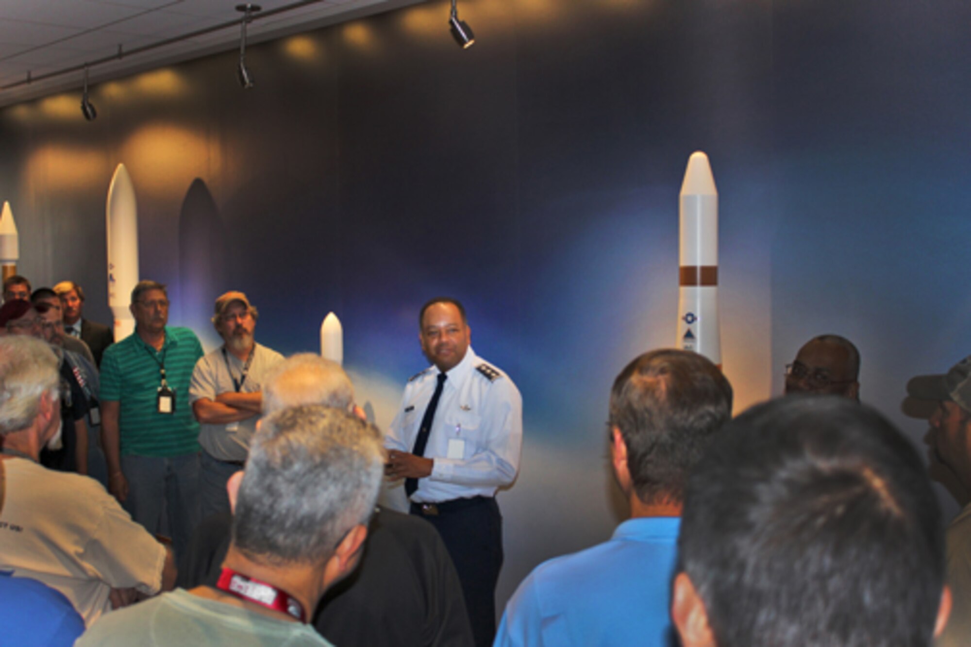 Lt. Gen. Sam Greaves, commander of Air Force Space Command's Space and Missile Systems Center, meets with military veterans working at United Launch Alliance's manufacturing facility in Decatur, Ala., on August 26. (Photo courtesy of ULA) 
