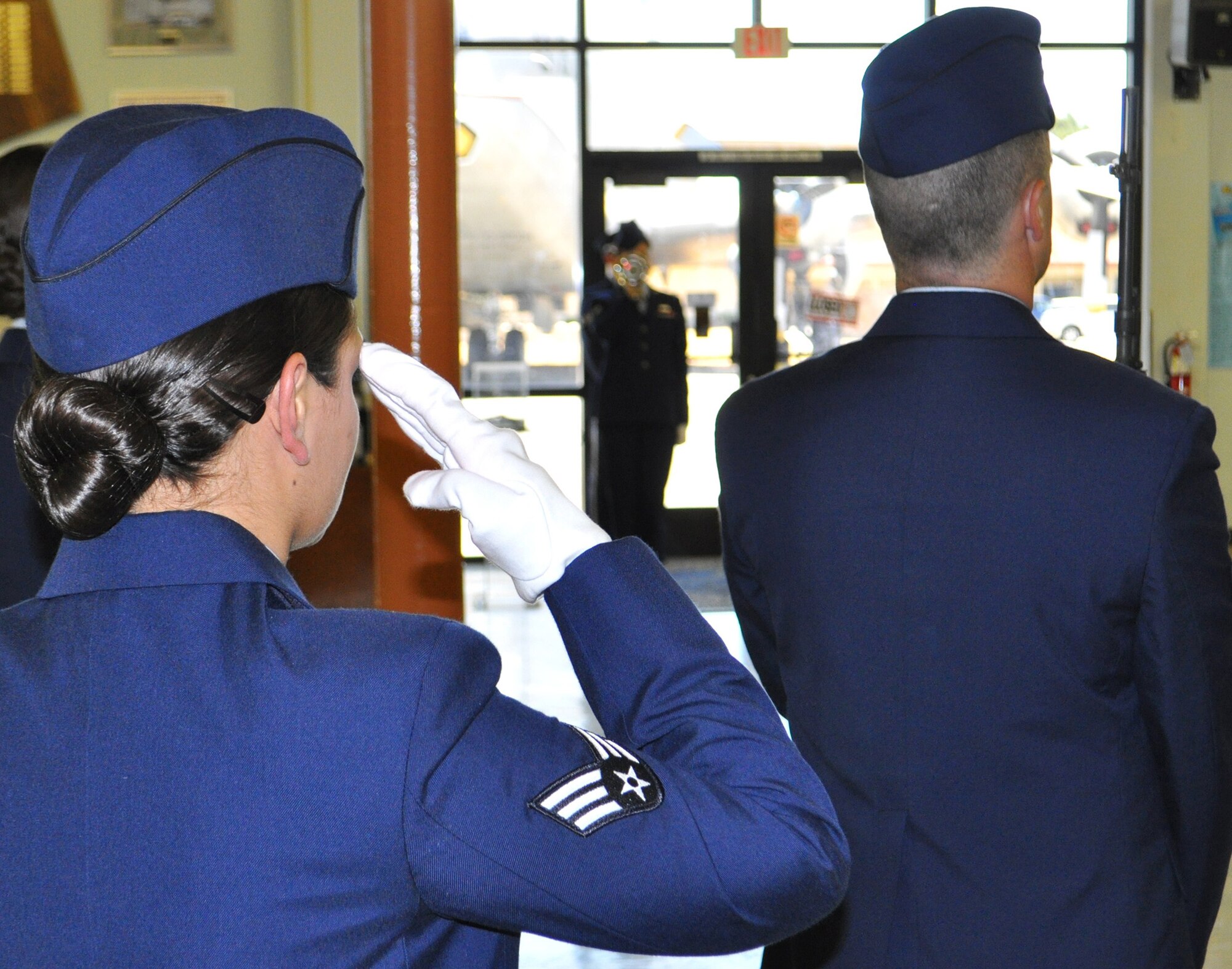 TRAVIS AIR FORCE BASE, Calif. -- The 349th AMW has new Honor Guard Airmen: Tech. Sgts. Nicholas Cross and Rolando Lopez, 45th Aerial Port Squadron, Senior Airmen Erik Blevins and Gabriel Flores-Gamez, 349th Aircraft Maintenance Squadron, SrAs. Gail Hayes, Michelle Jacobs and Robert Langston, 82nd APS, SrA. Rochelle Berreles, 349th Security Forces Squadron, and SrA. Siera Corbett, 349th Memorial Affairs Squadron. (U.S. Air Force photo / Ellen Hatfield) 