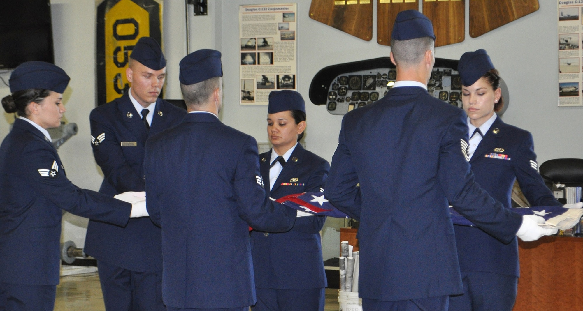 TRAVIS AIR FORCE BASE, Calif. -- The 349th AMW has new Honor Guard Airmen: Tech. Sgts. Nicholas Cross and Rolando Lopez, 45th Aerial Port Squadron, Senior Airmen Erik Blevins and Gabriel Flores-Gamez, 349th Aircraft Maintenance Squadron, SrAs. Gail Hayes, Michelle Jacobs and Robert Langston, 82nd APS, SrA. Rochelle Berreles, 349th Security Forces Squadron, and SrA. Siera Corbett, 349th Memorial Affairs Squadron. (U.S. Air Force photo / Ellen Hatfield) 