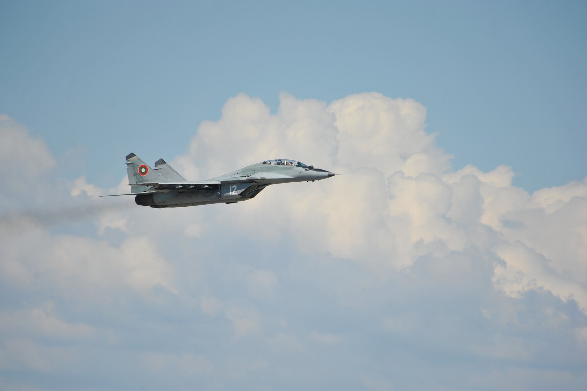 A Bulgarian aircraft takes off to fly with the F-15C Eagle at Graf Ignatievo Air Base near Plovdiv, Bulgaria, Aug. 18, 2014. Pilots, maintainers and a mixture of other professions from RAF Lakenheath, England, as well as Airmen from Ramstein Air Base, Germany, will enhance interoperability with Bulgaria and maintain joint readiness. (U.S. Air Force photo/Senior Airman Hailey Haux)