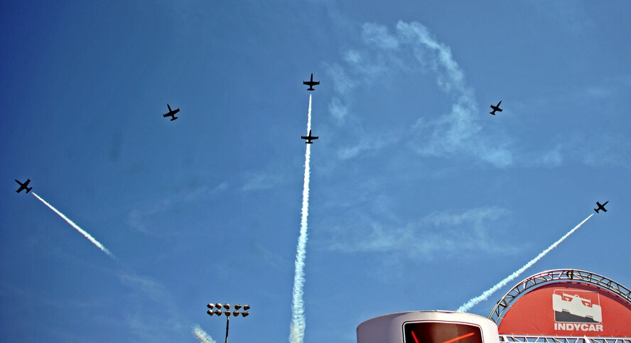 The Patriots Jet Team performs an aerial demonstration during the opening ceremonies at the IndyCar GoPro Grand Prix Aug. 24, 2014, at Sonoma Raceway in Sonoma, Calif. The team features pilots who were formerly part of the U.S. Air Force Thunderbirds, U.S. Navy Blue Angels, and Royal Canadian Air Force Snowbirds. (U.S. Air Force photo by Airman 1st Class Ramon A. Adelan/ Released)