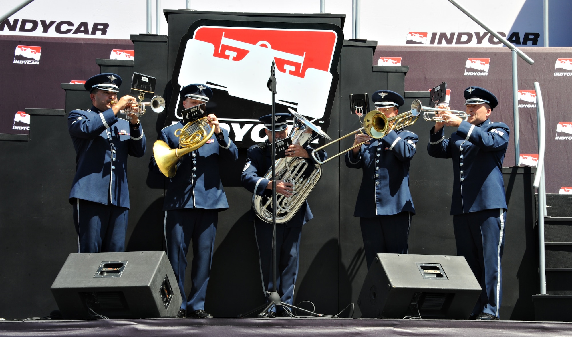 The U.S. Air Force Band of the Golden West performs “God Bless America” during the opening ceremonies of the IndyCar GoPro grand Prix Aug. 24, 2014, at Sonoma Raceway in Sonoma, Calif. The band is stationed at Travis Air Force Base, Calif. (U.S. Air Force photo by Airman 1st Class Ramon A. Adelan/ Released)
