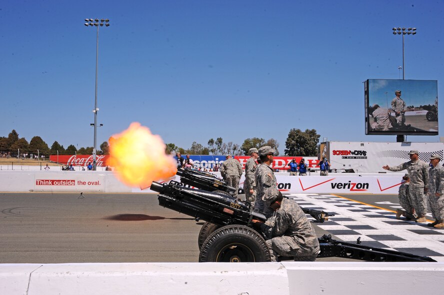 The California State Military Reserve performs a 21-gun salute during the opening ceremonies of the IndyCar GoPro Grand Prix Aug. 24, 2014, at Sonoma Raceway in Sonoma, Calif. The raceway celebrated a military appreciation day by inviting Beale and Travis Airmen, and the California State Military Reserve to perform during the opening ceremonies. (U.S. Air Force photo by Airman 1st Class Ramon A. Adelan/ Released) 