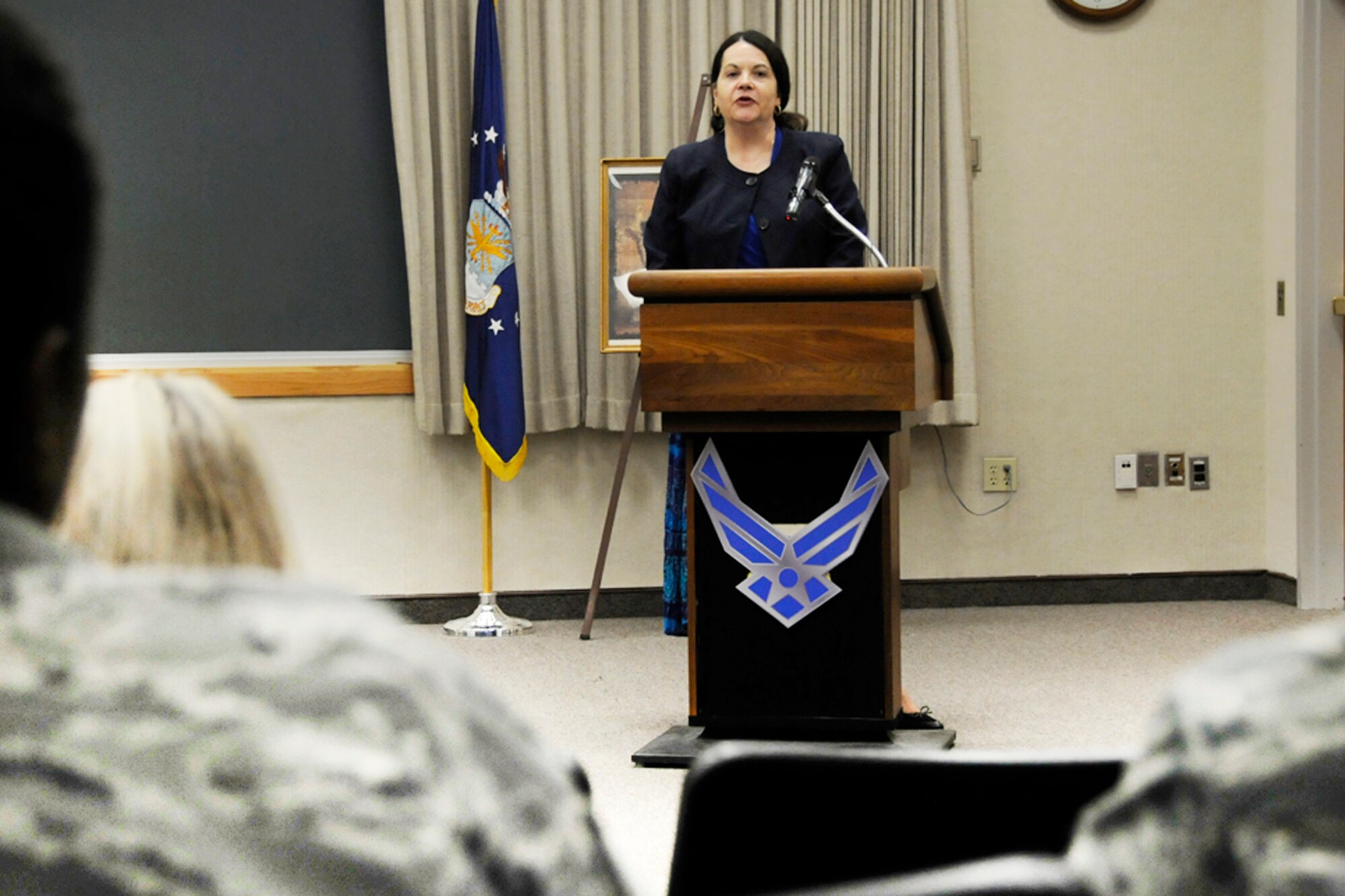 HANSCOM AIR FORCE BASE, Mass. – Michelle Kirstein, Operations Command and Control Applications Branch chief engineer, speaks about her reasons for becoming an engineer at the Women’s Equality Day speakers’ forum held at the Hanscom Conference Center Aug. 26. Women's Equality Day, first celebrated in 1971, is observed Aug. 26 to commemorate the 1920 passage of the 19th Amendment to the Constitution, granting women the right to vote. (U.S. Air Force photo by Linda LaBonte Britt)