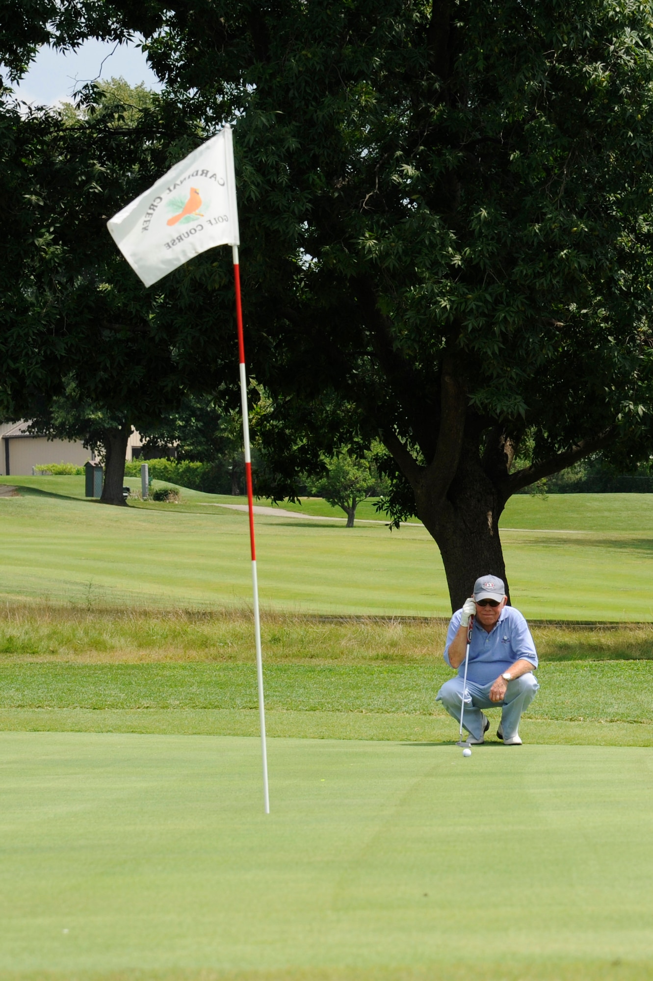 Jim Stevenson lines up his shot at the Cardinal Creek Golf Course, Scott Air Force Base, Ill., Aug. 6, 2014. Stevenson has been a course member since 1981and visits Cardinal Creek a few times a week. (U.S. Air Force photo/Angelina Casarez)