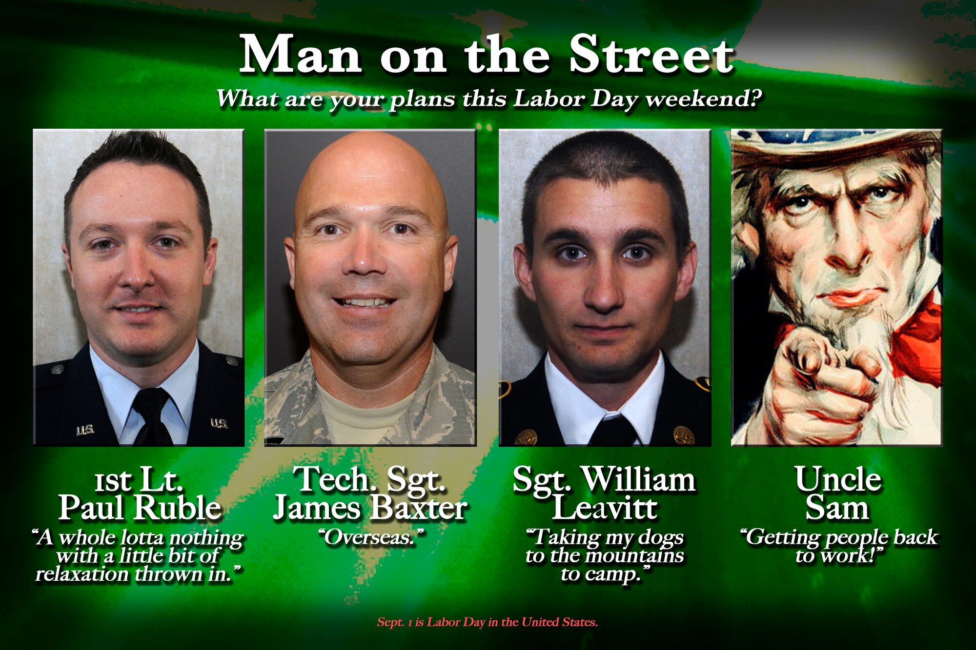 Check out this week's Man on the Street highlighting Fairchild Airmen and their plans for this Labor Day weekend at Fairchild Air Force Base, Washington, Aug. 29, 2014. (U.S. Air Force graphic by Staff Sgt. Benjamin W. Stratton/Released)
