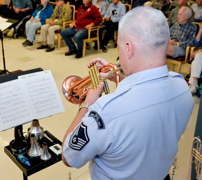 Master Sgt. Jeffrey Castle, U.S. Air Force Band of the West Brass in Blue trumpet craftsman, plays the trumpet at the North West Louisiana War Veterans Home, La., Aug. 25, 2014. The Band of the West has performed for presidents, heads of states and dignitaries from around the world, earning an outstanding reputation among America’s military bands. (U.S. Air Force photo/Airman 1st Class Mozer Da Cunha)
