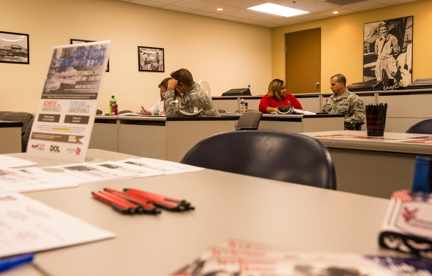 Members of Moody’s transition team give one-on one résumé feedback during a workshop at Moody Air Force Base, Ga., Aug. 26, 2014. The workshop included mock interviews, do’s and don’ts of interviews, and advice on how to market yourself. (U.S. Air Force photo by Airman 1st Class Ceaira Tinsley/ Released)