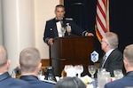 Col. Matthew Isler, 12th Flying Training Wing commander, addresses the attendees of the senior noncommissioned officer induction ceremony Aug. 22 at Joint Base San Antonio-Randolph. The SNCO induction ceremony is held to recognize individuals who progress through the ranks and have been selected for promotion to master sergeant, transitioning them to senior leadership level with more responsibility. (U.S. Air Force photo by Johnny Saldivar) 

