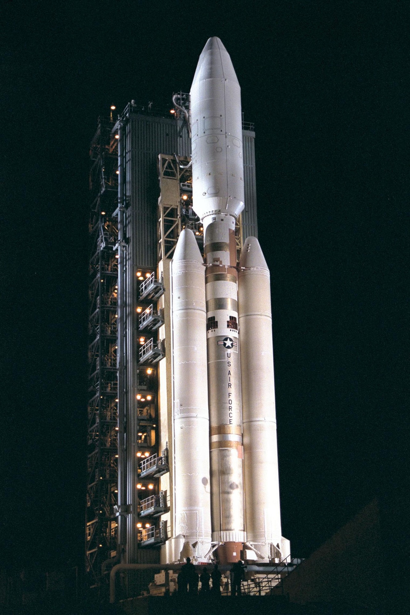 A Titan IVB  rocket at Cape Canaveral Air Force Station's Launch Complex 40. This vehicle is similar to the NMUSAF's rocket, but has a slightly shorter payload fairing. (U.S. Air Force photo)