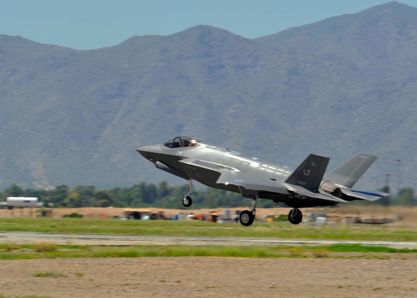 An F-35 lands Aug. 26, 2014 at Luke Air Force Base. The fighter jet had completed its historic 100th sortie at Luke. (U.S. Air Force photo by Senior Airman Marcy Copeland)