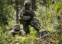 Army Ranger students scan the treeline while on watch duty in the woods of the Eglin Air Force Base, Fla., range.  Students complete the final phase of the Army Ranger course with the 6th Ranger Training Battalion.  Instructors expose the students to 18-day field training that includes airborne and helicopter assaults, small boat operations, river and swamp crossings. (U.S. Air Force photo/Tech. Sgt. Samuel King Jr.)