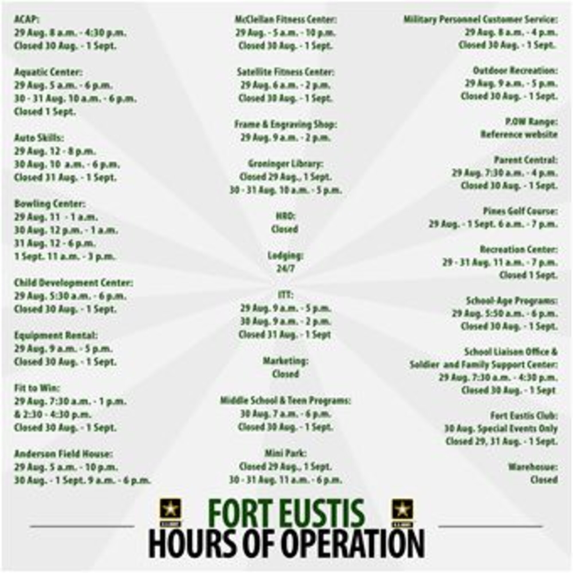 Services provided by the 733rd Force Support Division will function under a limited schedule due to the Labor Day weekend. (U.S. Air Force graphic by Senior Airman Aubrey White/Released)