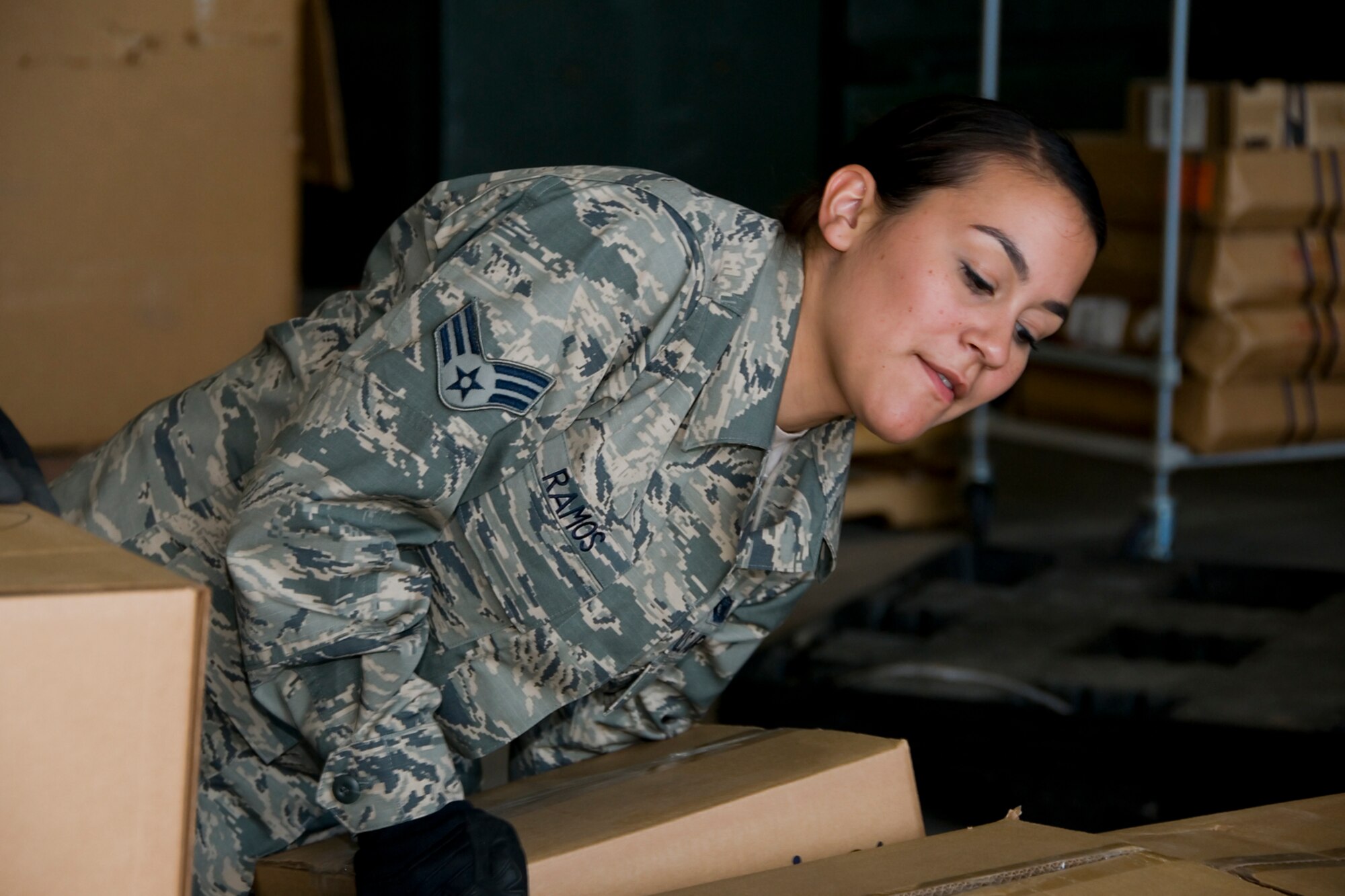 Senior Airman Juliana Ramos, 434th Security Forces Squadron fire team member lifts a box onto a pallet to be shipped aboard a KC-10 Extender Aircraft at Grissom Air Reserve Base, Ind., Aug 9, 2014. Grissom Air Force reservists teamed up with Airmen from Charleston Air Force Base, S.C., to deliver 91,000 pounds of food, clothes and supplies to Haiti as part of a humanitarian relief mission under the Denton Program. (U.S. Air Force photo/Senior Airman Jami K. Lancette)