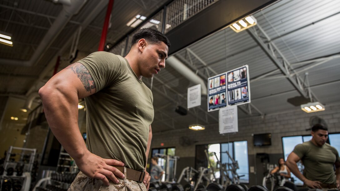 Corporal Freddy Cantu mentally prepares for his daily workout session aboard Camp Pendleton, Calif., on Aug. 25, 2014. Cantu, 22, is from Bakersfield, Calif., and is a cyber-network administrator for the 15th Marine Expeditionary Unit. (U.S. Marine Corps photo by Sgt. Emmanuel Ramos/Released)