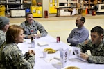 Kentucky National Guard Maj. Gen. Edward W. Tonini chats with members of 2-147th Aviation Battalion, including Private 1st Class Jill M. Ashby, during the general's recent visit to Camp Bondsteel in Kosovo. The Kentucky National Guard has two units - 2-147th AV BN and the 69th Aviation Battalion - deployed there.