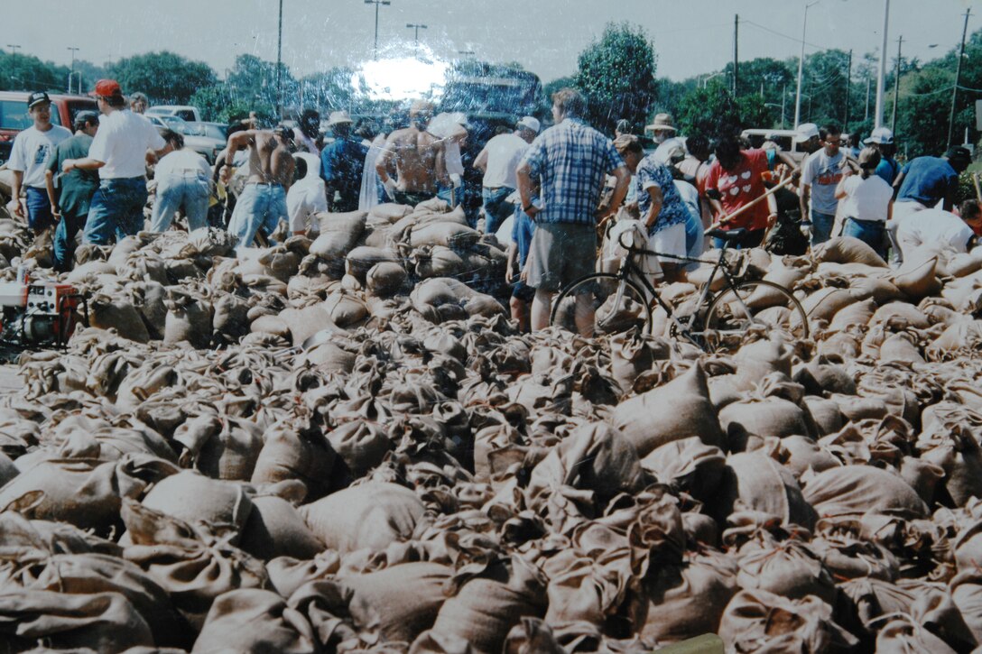A photo of Albany, Ga., residents filling sandbags during the 1994 flood that submerged the city can be viewed at the Thronateeska Heritage Center in Albany, Ga.