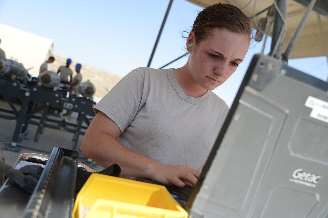 Airman 1st Class Casey Cain reviews technical order data before building a GBU-38 bomb Aug. 14, 2014, at Bagram Airfield in support of Operation Enduring Freedom. GBU-38s are part of the weapon system used on F-16C Fighting Falcons. Cain is a munitions systems technician assigned to the 455th Expeditionary Maintenance Squadron and is a reservist deployed from the 442nd Fighter Wing, Whiteman Air Force Base, Mo. (U.S. Air Force photo/Master Sgt. Cohen A. Young)