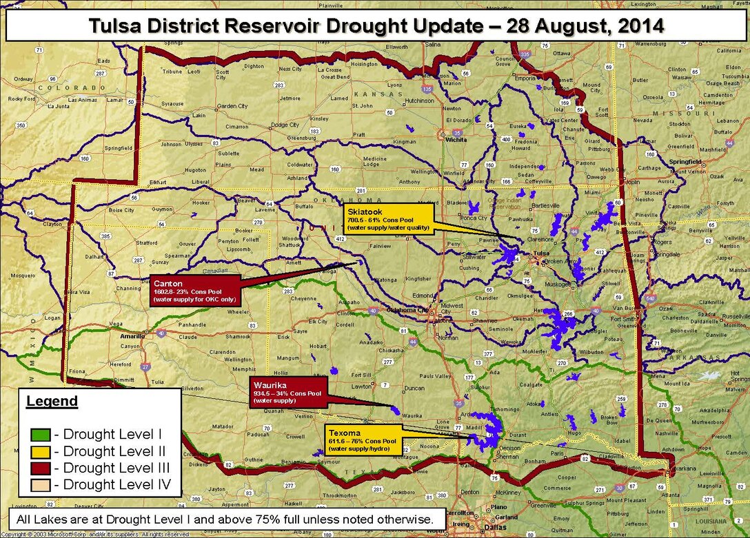 As of August 26, approximately 34 percent of the lower 48 states remained in some level of drought. Tulsa District, which includes the Red River and Arkansas River watersheds, varied from normal conditions in some eastern areas to the exceptional drought level in western portions. Skiatook Lake is at record low levels and dropping.  