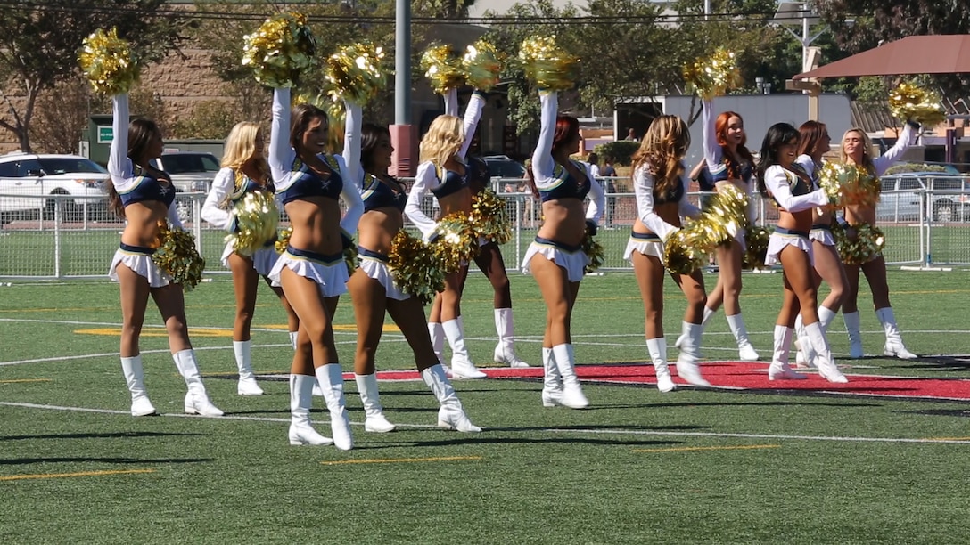 The San Diego Chargers cheerleaders dance during a military appreciation day aboard Marine Corps Air Station Miramar, Calif., Aug. 27. The cheerleaders performed before the Chargers football team arrived to practice with the Miramar Falcons.