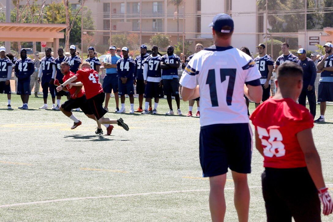 Philip Rivers, San Diego Chargers quarterback, prepares to throw a pass during a military appreciation day aboard Marine Corps Air Station Miramar, Calif., Aug. 27. The Chargers signed autographs and circulated about a crowd of fans during the event.