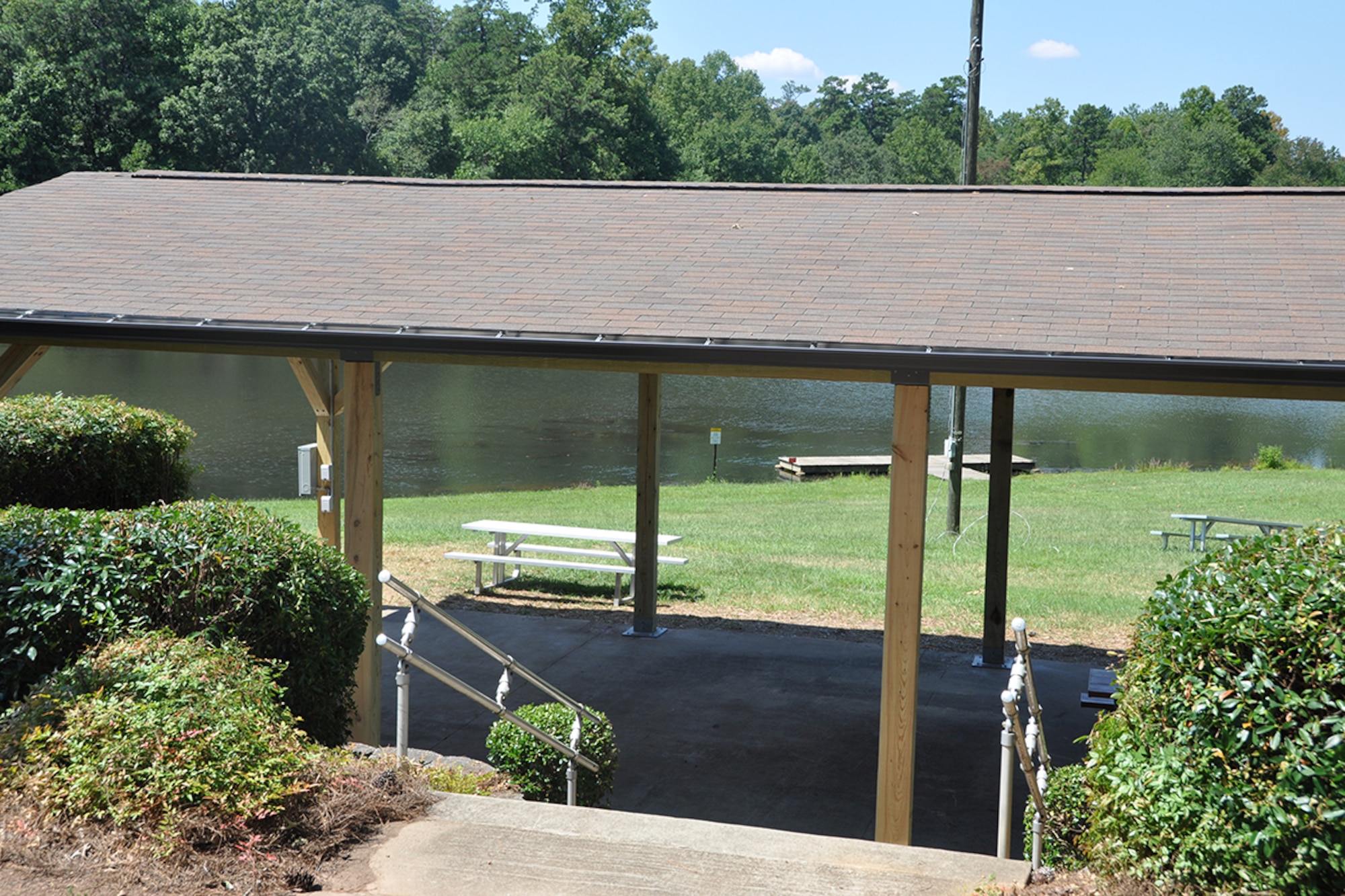 The 94th Force Support Squadron is excited to announce the restoration of the Dobbins Air Reserve Base Lakeside Pavilion. The pavilion sustained severe damage when it was struck by a large uprooted pine tree during heavy winds Feb. 21, 2014. Base civil engineers collapsed the pavilion afterwards to avoid further safety hazards. To reserve the area for functions, please contact Mike Reardean at the Dobbins Consolidated Club at 678-655-3856 or email kenneth.reardean@us.af.mil. (U.S. Air Force photo/James Branch)