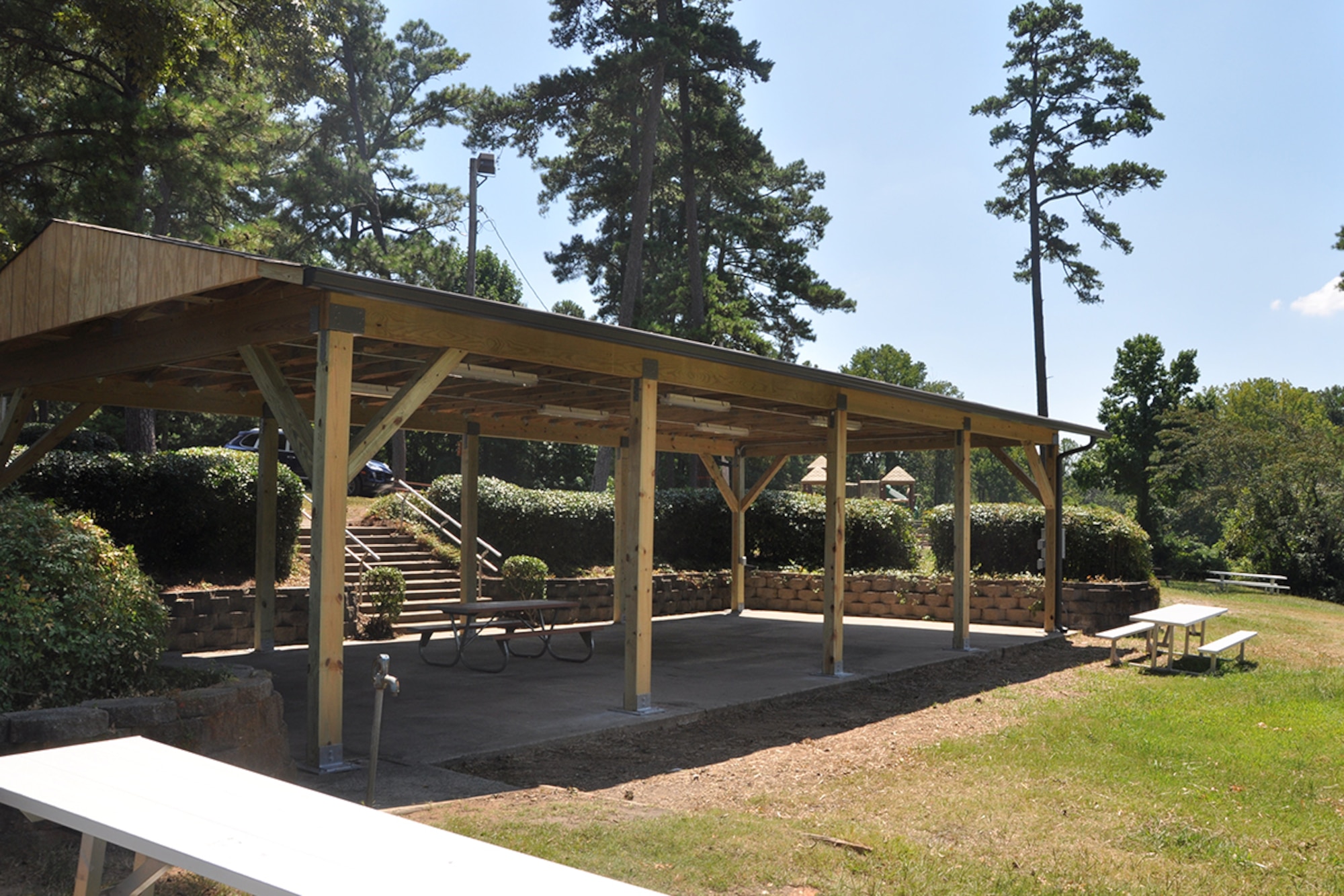 The 94th Force Support Squadron is excited to announce the restoration of the Dobbins Air Reserve Base Lakeside Pavilion. The pavilion sustained severe damage when it was struck by a large uprooted pine tree during heavy winds Feb. 21, 2014. Base civil engineers collapsed the pavilion afterwards to avoid further safety hazards. To reserve the area for functions, please contact Mike Reardean at the Dobbins Consolidated Club at 678-655-3856 or email kenneth.reardean@us.af.mil. (U.S. Air Force photo/James Branch)