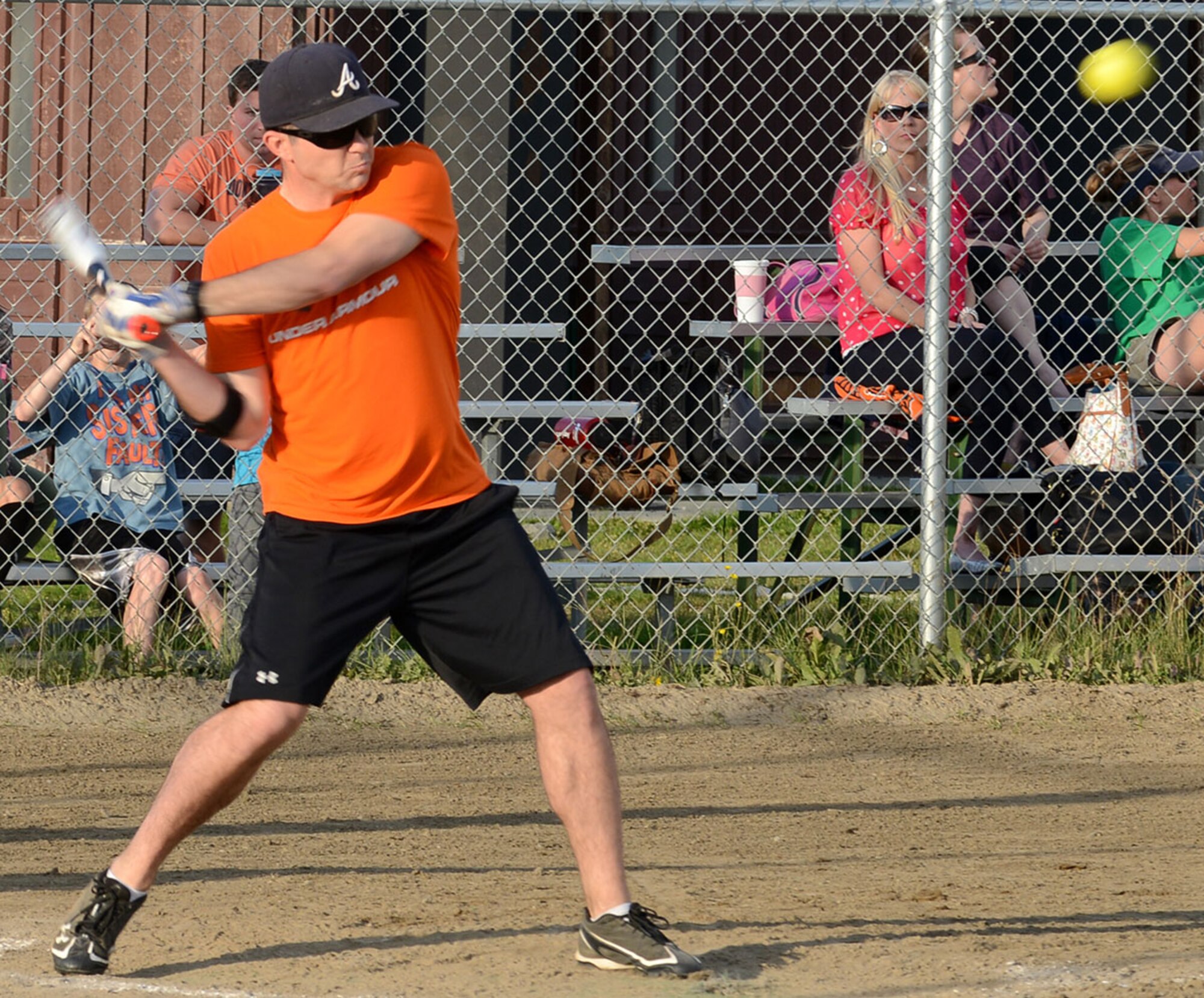 JOINT BASE ELMENDORF-RICHARDSON, Alaska – Patrick Kellerman, 3rd Aircraft Maintenance Squadron, takes a swing during the first of two games to decide the Joint Base Elmendorf-Richardson softball league championship at Buckner Fields on JBER-Richardson August 21. The 3rd Munitions Squadron team defeated the 3rd AMXS team in consecutive games to capture the title. (U.S. Air Force photo/Staff Sgt. Blake Mize)