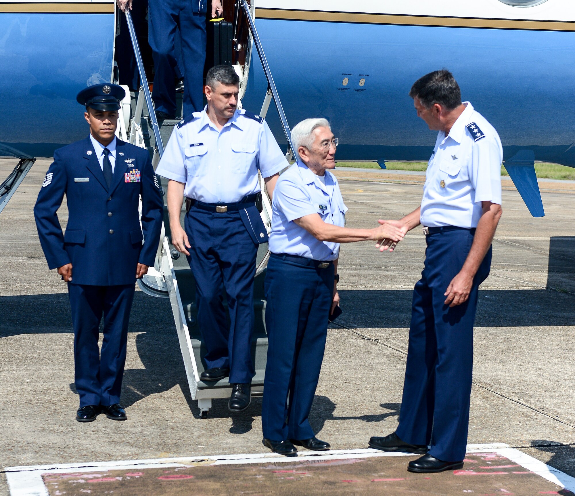 Lt. Gen. Brad Heithold, Air Force Special Operations Command commander, greets Gen. Juniti Saito, Brazilian Air Force commander, at Eglin Air Force Base, Fla., Aug. 22, 2014. Saito toured different overseas and stateside bases as part of the Air Force Chief of Staff Counterpart Program. (U.S. Air Force photo/Airman 1st Class Jeff Parkinson) 