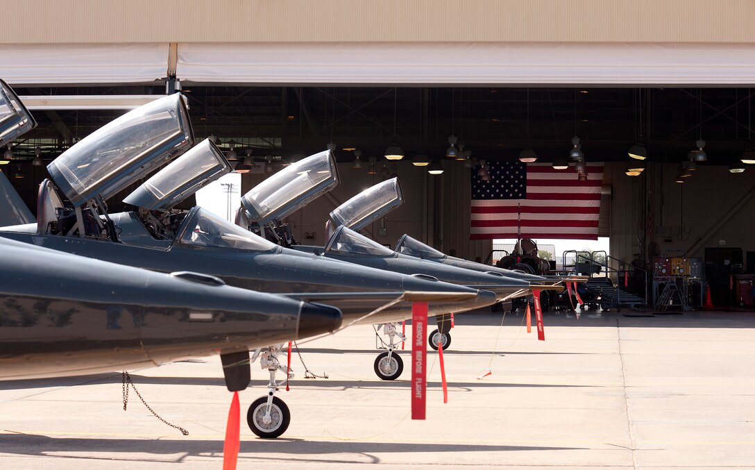 The 80th Flying Training Wing, T-38’s Talon aligned in a row outside the maintenance hangar at Sheppard Air Force Base, Texas, on Aug. 26, 2014. The Euro-NATO Joint Jet Pilot Training program is the world's only multi-nationally manned and managed flying training program.  There are 13 NATO countries which participate in the 55-week program, flying the T-6 Texan II and the T-38C Talon. (U.S. Air Force Photo by Danny Webb/Released)