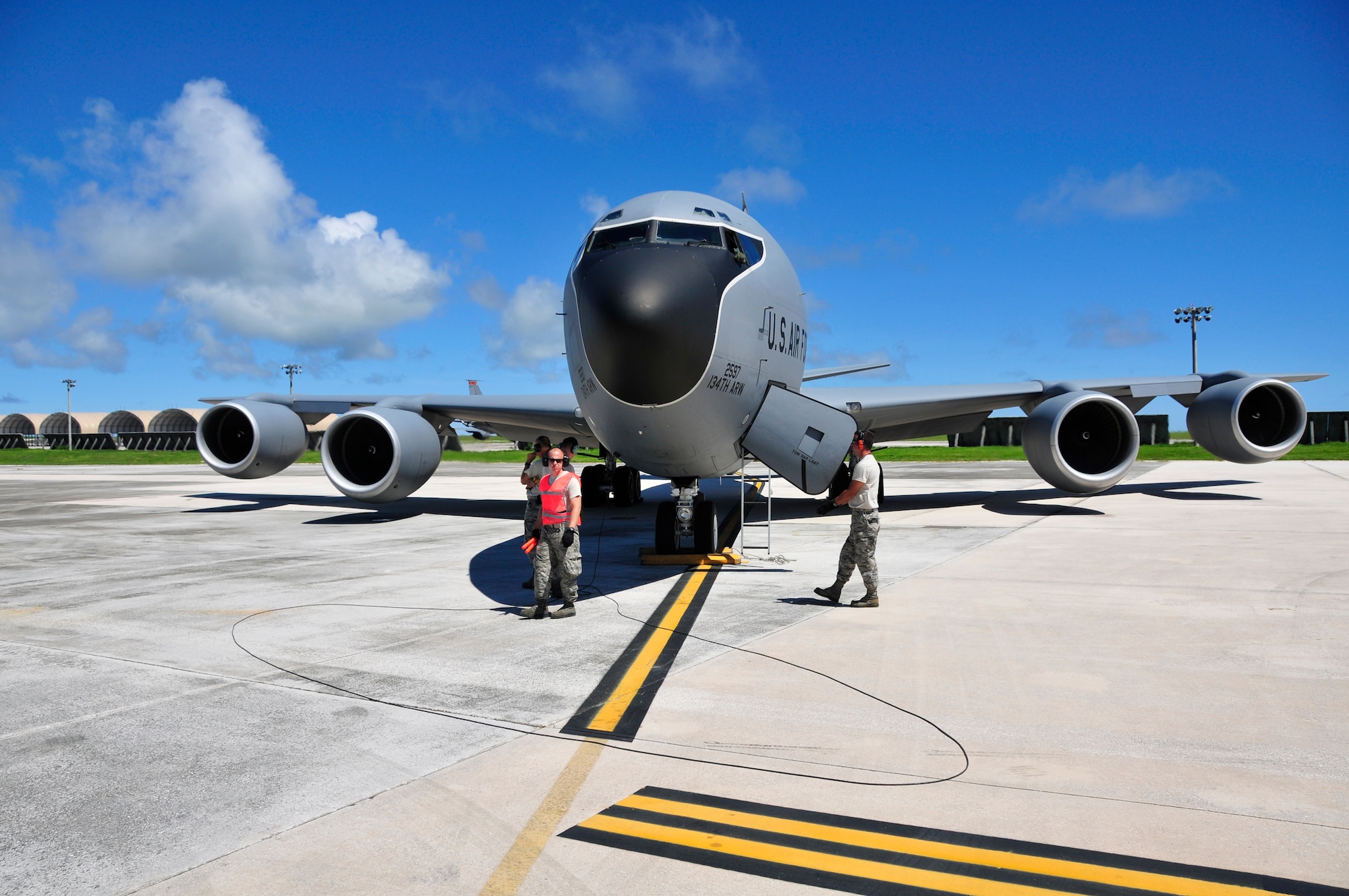 Members of the 134th Air Refueling Wing from McGhee Tyson ANG Base, TN maintain a KC-135R Stratotanker during a training mission at Andersen AFB, Guam.  (U.S. Air National Guard photo by Staff Sgt. Ben Mellon, 134 ARW Public Affairs)
