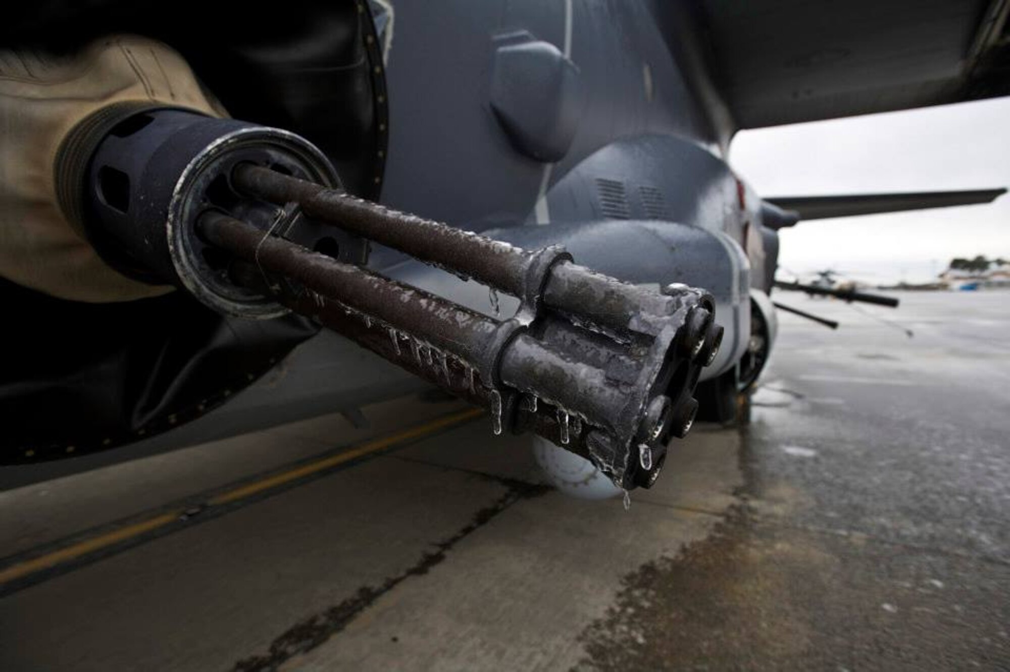 Icicles drip from a 25mm Gatling gun at Hurlburt Field, Fla., Jan. 29, 2014. Freezing rain and cold temperatures layered the entire area in a thin sheet of ice, making roads unsafe and closing military bases.(U.S. Air Force Photo/ Staff Sgt. John Bainter) 