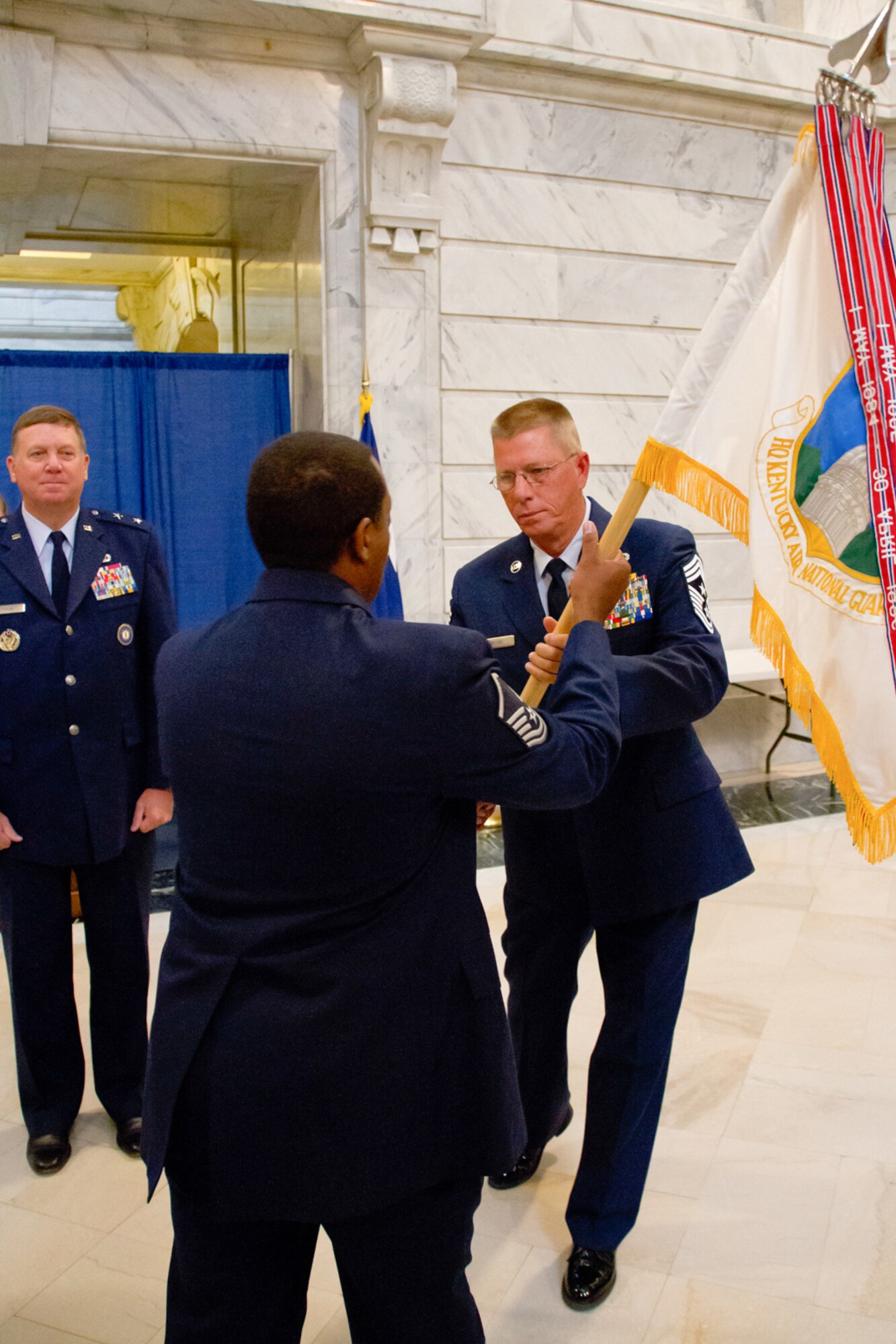 The Kentucky National Guard welcomed Chief Master Sgt. Jeffrey Moore as the new state command chief master sergeant during a change-of-responsibility ceremony at the Capitol Rotunda in Frankfort, Ky., July 11, 2014. (U.S. Army National Guard photo by Staff Sgt. Scott Raymond)