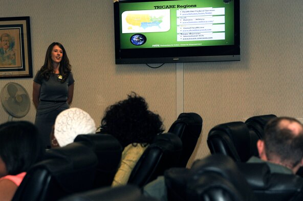 Vicki Farnsworth, Specialized Training of Military Parents program assistant director, speaks at the STOMP program offered at the Airman and Family Readiness Center at Maxwell Air Force Base, Ala., Aug. 26, 2014. The class makes parents of special needs children aware of the resources available on base.( U.S Air Force photo by Airman 1st Class Alexa Culbert)
