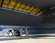 Staff Sgt. Matthew Washburn, 2nd Aircraft Maintenance Squadron crew chief, goes over preflight inspections with Master Sgt. Todd Michalek, 8th Air Force, during the 2014 Global Strike Challenge on Barksdale Air Force Base, La., Aug. 27. As part of the challenge, evaluators inspected every step a crew chief goes through during a preflight inspection. (U.S. Air Force photo/Senior Airman Benjamin Gonsier) 