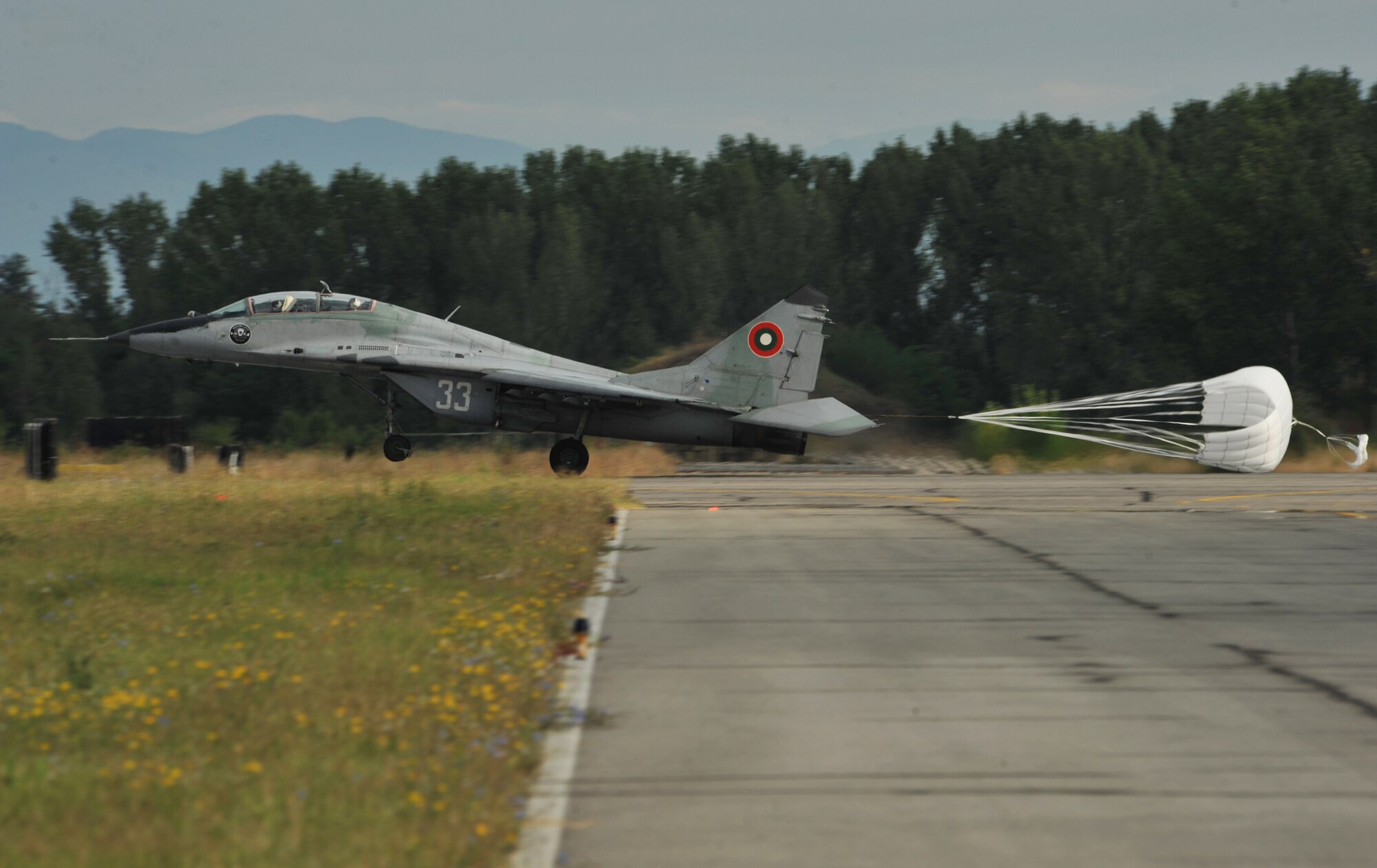 A Bulgarian aircraft lands at Graf Ignatievo Air Base near Plovdiv, Bulgaria after conducting joint training in the skies Aug. 25, 2014. Pilots, maintainers and a mixture of other professions from RAF Lakenheath, including Airmen from Ramstein Air Base, Germany will enhance interoperability with Bulgaria and maintain joint readiness. (U.S. Air Force photo/Senior Airman Hailey Haux)