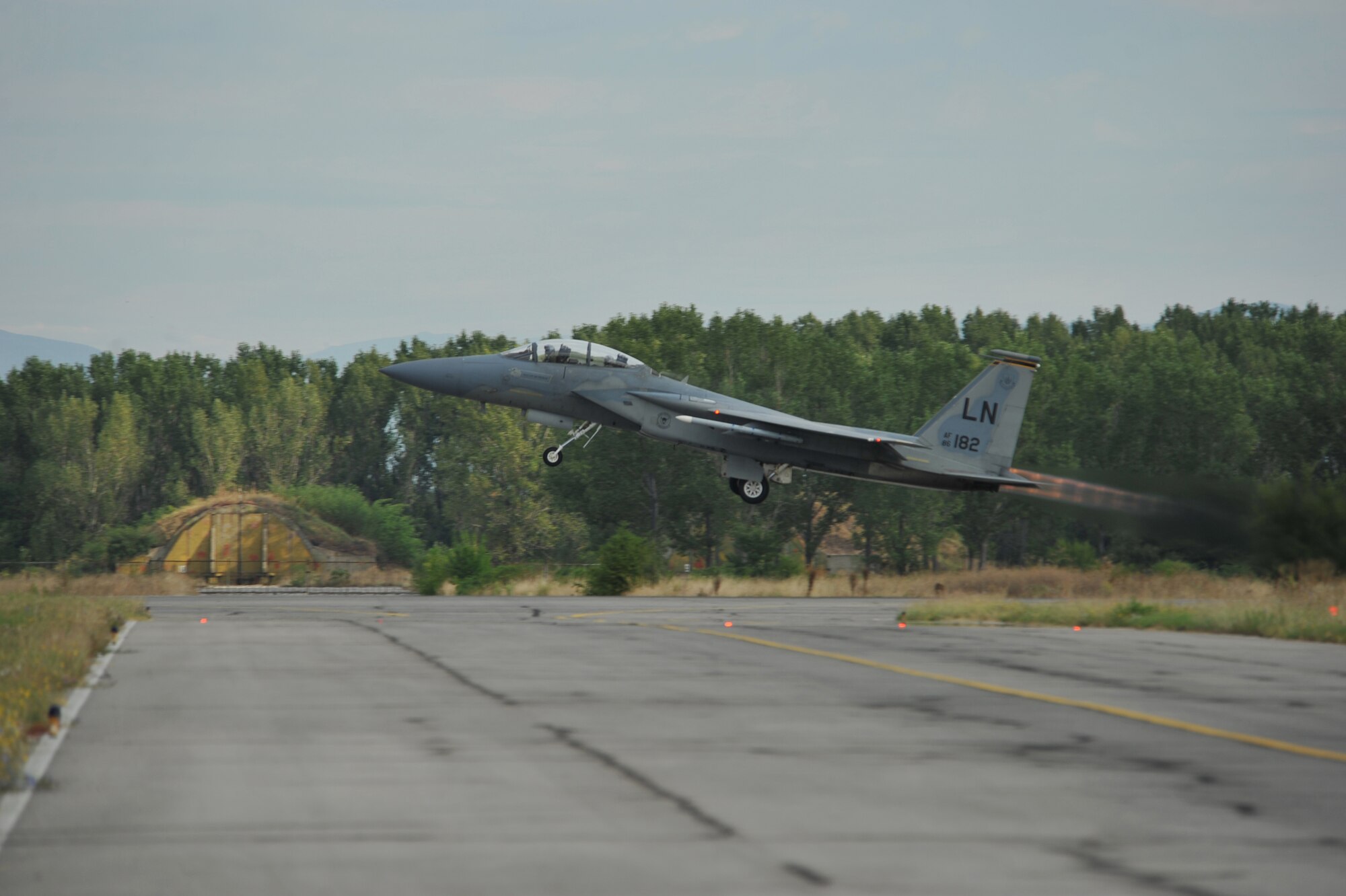 An F-15C Eagle takes off to do some training with the Bulgarian aircraft at Graf Ignatievo Air Base near Plovdiv, Bulgaria Aug. 25, 2014. Pilots, maintainers and a mixture of other professions from RAF Lakenheath, including Airmen from Ramstein Air Base, Germany will enhance interoperability with Bulgaria and maintain joint readiness. (U.S. Air Force photo/Senior Airman Hailey Haux)