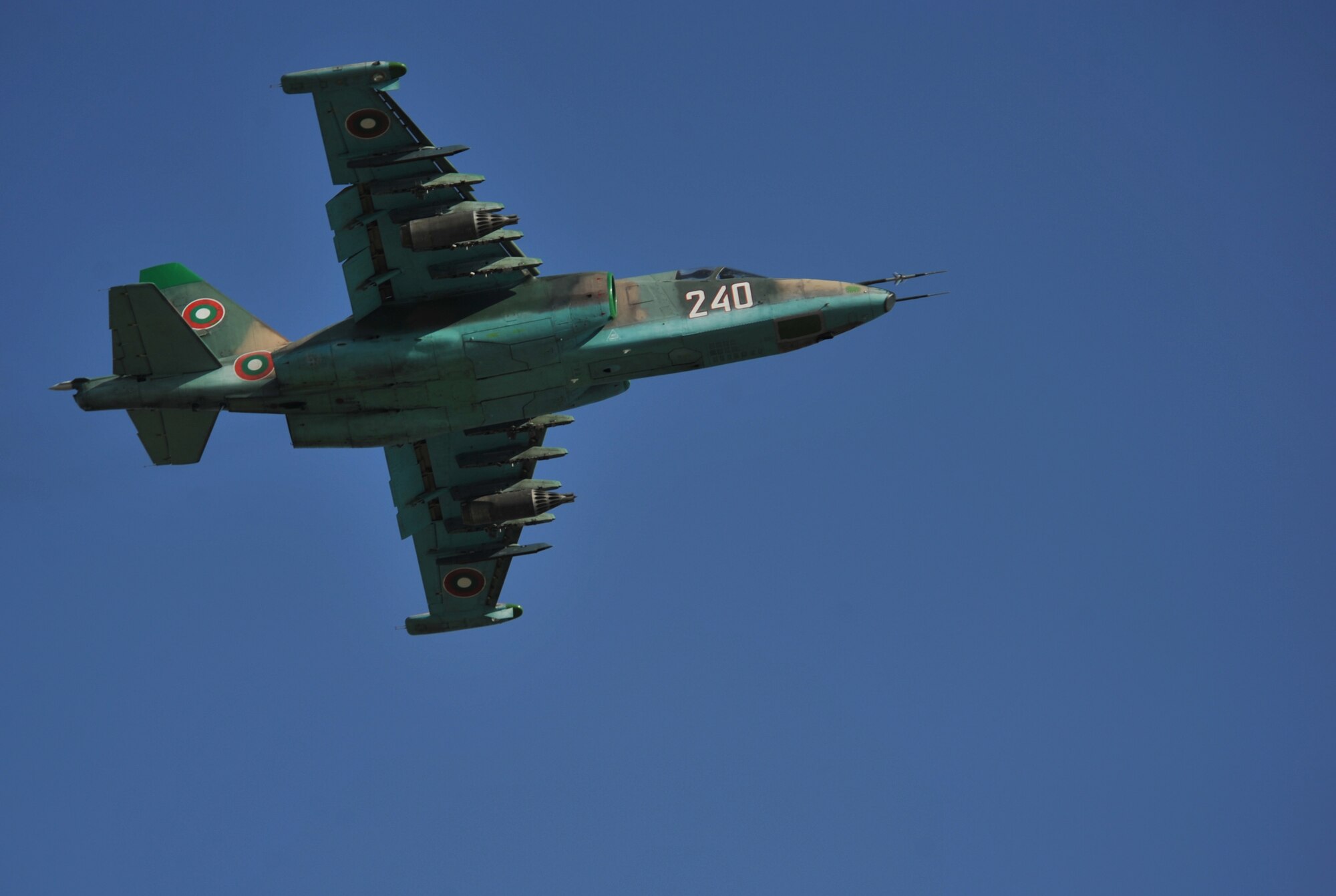 A Bulgarian aircraft takes off to do some training at Graf Ignatievo Air Base near Plovdiv, Bulgaria Aug. 21, 2014. Pilots, maintainers and a mixture of other professions from RAF Lakenheath, including Airmen from Ramstein Air Base, Germany will enhance interoperability with Bulgaria and maintain joint readiness. (U.S. Air Force photo/Senior Airman Hailey Haux)