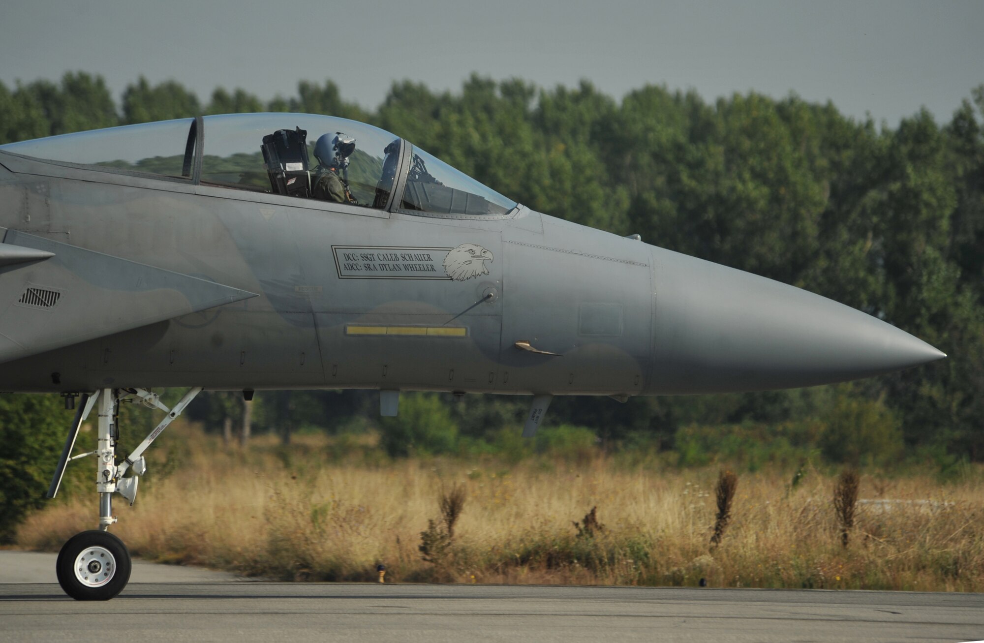 An F-15C Eagle lands after training with Bulgarian aircraft at Graf Ignatievo Air Base near Plovdiv, Bulgaria Aug. 21, 2014. Pilots, maintainers and a mixture of other professions from RAF Lakenheath, including Airmen from Ramstein Air Base, Germany will enhance interoperability with Bulgaria and maintain joint readiness. (U.S. Air Force photo/Senior Airman Hailey Haux)