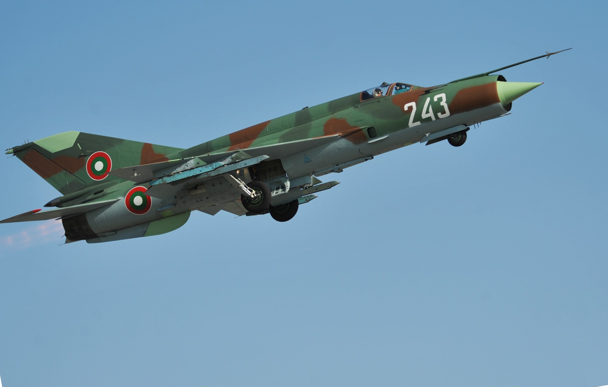A Bulgarian aircraft takes off to do some training at Graf Ignatievo Air Base near Plovdiv, Bulgaria Aug. 21, 2014. Pilots, maintainers and a mixture of other professions from RAF Lakenheath, including Airmen from Ramstein Air Base, Germany will enhance interoperability with Bulgaria and maintain joint readiness. (U.S. Air Force photo/Senior Airman Hailey Haux)