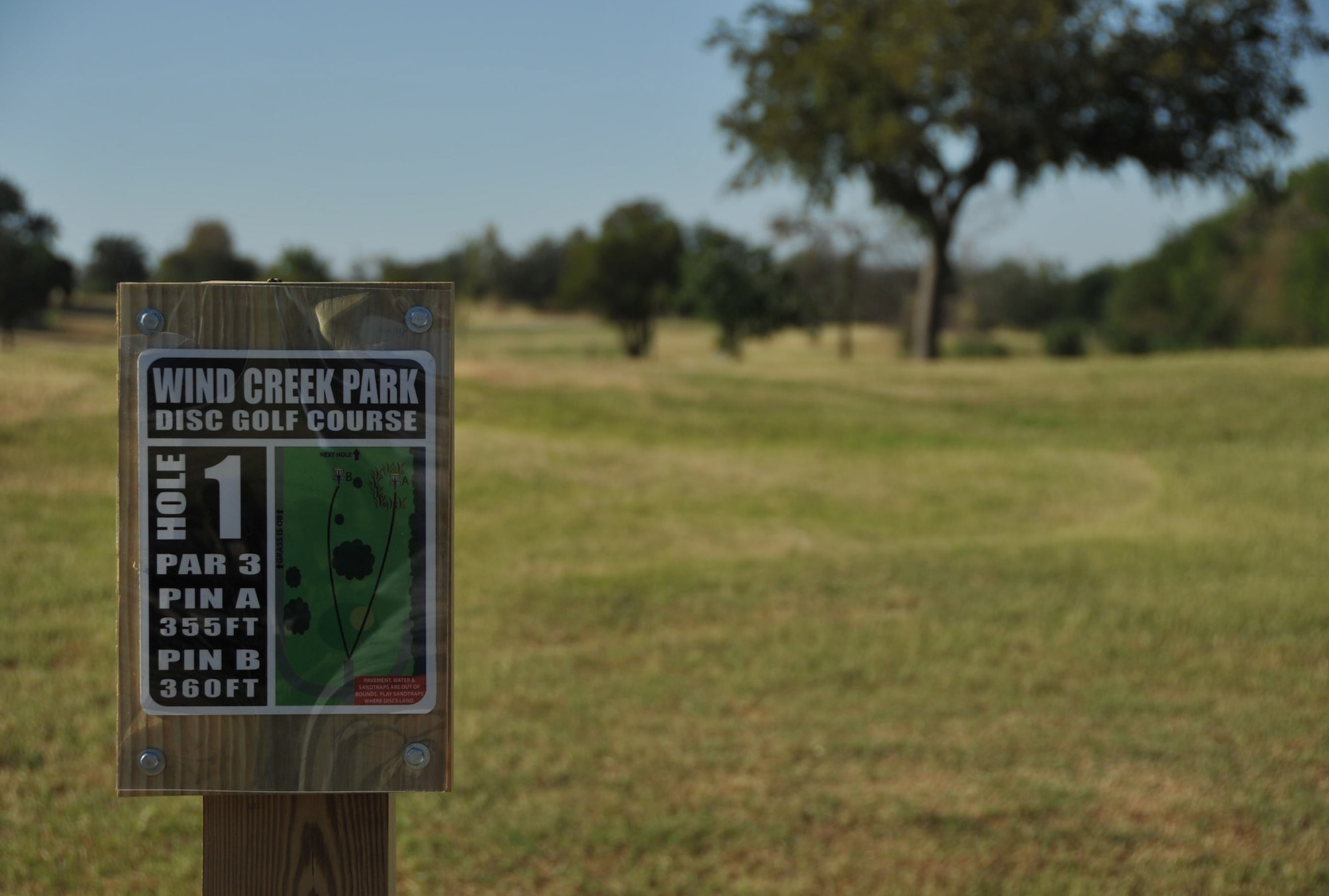 Sheppard Air Force Base, Texas, is now home to a new 18-hole disc golf course, replacing the original golf course which closed in June due to a change in Defense Department policy. Sheppard partnered with the Wichita Falls Disc Golf Association to complete the project. (U.S. Air Force photo/Airman 1st Class Robert L. McIlrath)