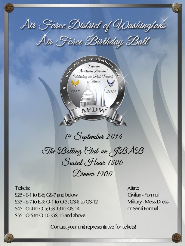Air Force District of Washington leadership will host the 67th Annual Air Force Birthday Ball  Sept. 19 at the Bolling Club on Joint Base Anacostia-Bolling, Washington, D.C . The 67th birthday represents an opportunity to celebrate Air Force history, heritage and culture among Airmen, build esprit de corps, connect America with its Airmen and develop a template of success for future celebrations. (U.S. Air Force graphic)