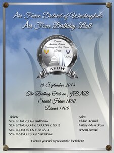 Air Force District of Washington leadership will host the 67th Annual Air Force Birthday Ball  Sept. 19 at the Bolling Club on Joint Base Anacostia-Bolling, Washington, D.C . The 67th birthday represents an opportunity to celebrate Air Force history, heritage and culture among Airmen, build esprit de corps, connect America with its Airmen and develop a template of success for future celebrations. (U.S. Air Force graphic)