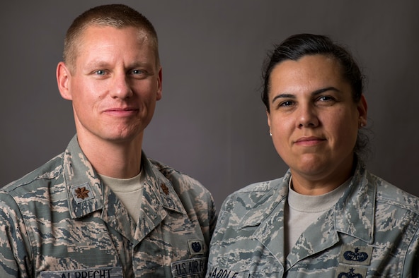 Deployed photograph of Maj. Ryan Albrecht and Tech. Sgt. Carrie Waddle. (U.S. Air Force photo by Staff Sgt. Jeremy Bowcock)