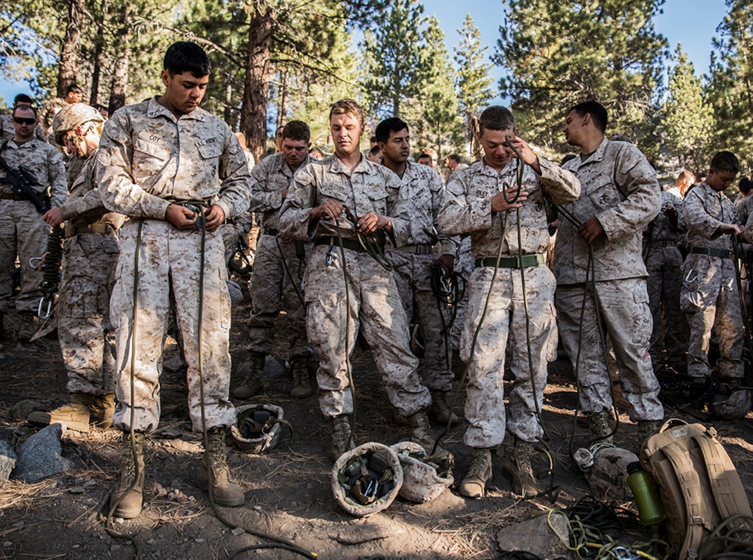 U.S. Marines with 3rd Battalion, 1st Marine Regiment rig their seat harnesses while training to build and cross rope bridges during Mountain Exercise 2014 aboard Marine Corps Mountain Warfare Training Center in Bridgeport, Calif., Aug. 27, 2014. Marines with 3rd Battalion, 1st Marine Regiment will become the 15th Marine Expeditionary Unit’s ground combat element in October. Mountain Exercise 2014 develops critical skills the battalion will need during deployment.