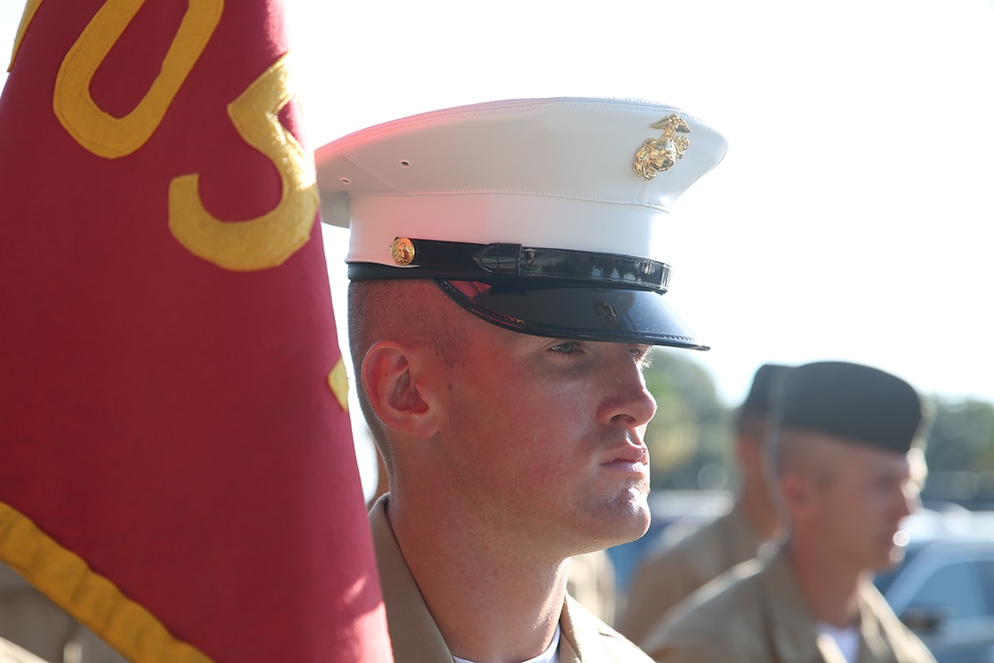 Pfc. Tommy G. McAllister III, honor graduate of platoon 1057, awaits graduation at Marine Corps Recruit Depot Parris Island, S.C., Aug. 29, 2014. McAllister III, an Anderson, S.C. native, was recruited by Sgt. Rusty L. Sims, a recruiter from Permanent Contact Station Greenwood, Recruiting Station Columbia. Recruit training signifies the transformation of a civilian to a United States Marine. Upon graduation, the newly-minted Marines will receive ten days of leave before attending the School of Infantry East, Camp Gieger, N.C. The Marines will be trained in basic infantry skills to ensure Marines are combat-ready. (Official Marine Corps photo by Lance Cpl. John-Paul Imbody)
